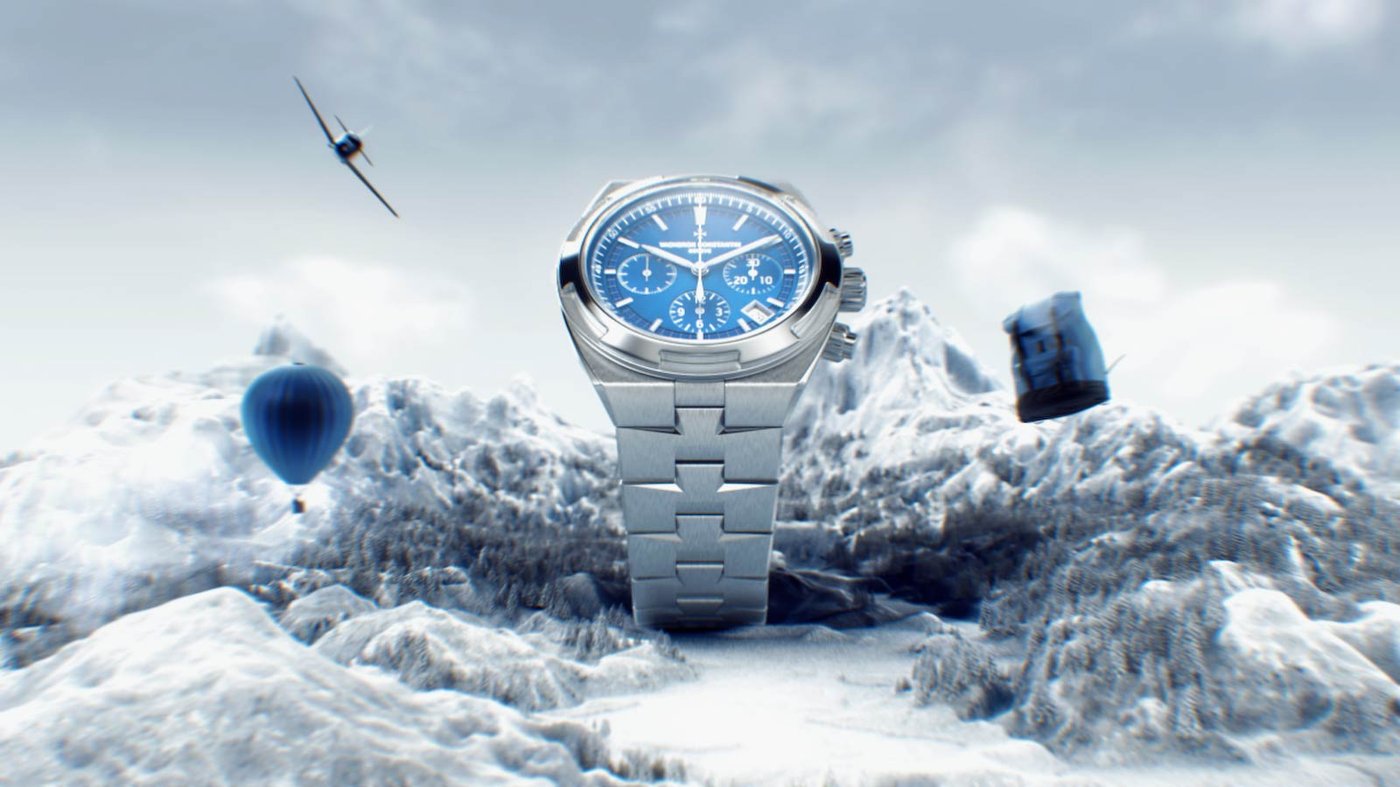 3D render of the Vacheron Overseas watch in CGI moutains