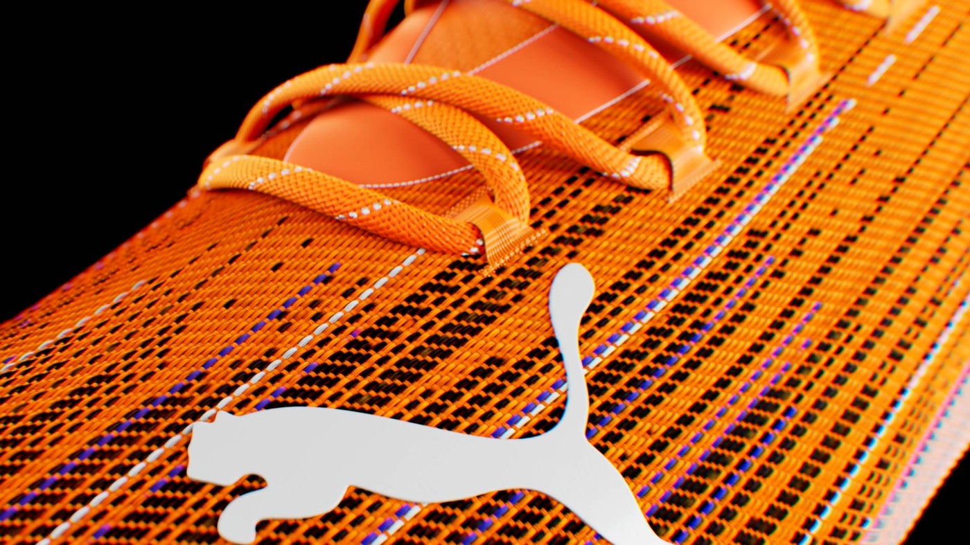 Close-up 3D render of the fabric of the Puma Ultra soccer shoe