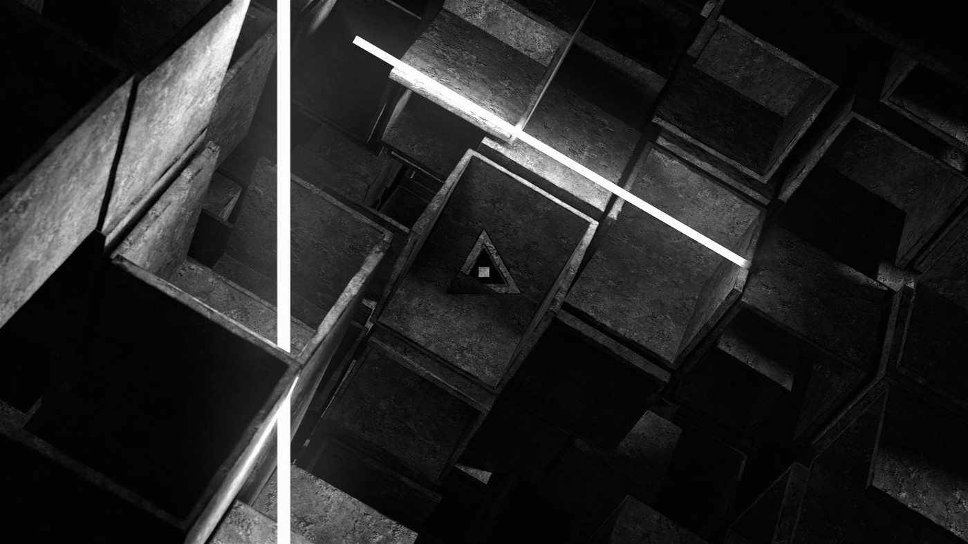 Neon lights in an abstract 3D scene made of dark concrete cubes