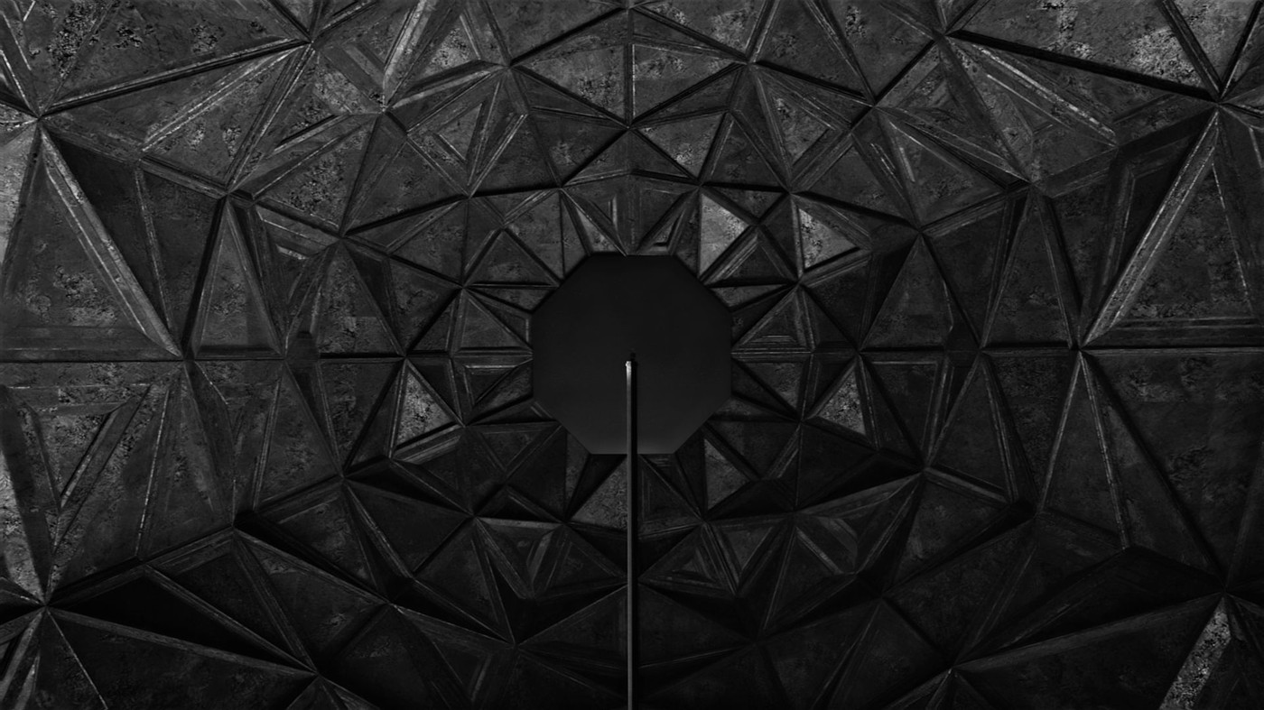 Abstract 3D environment with geometric patterns and dark concrete materials