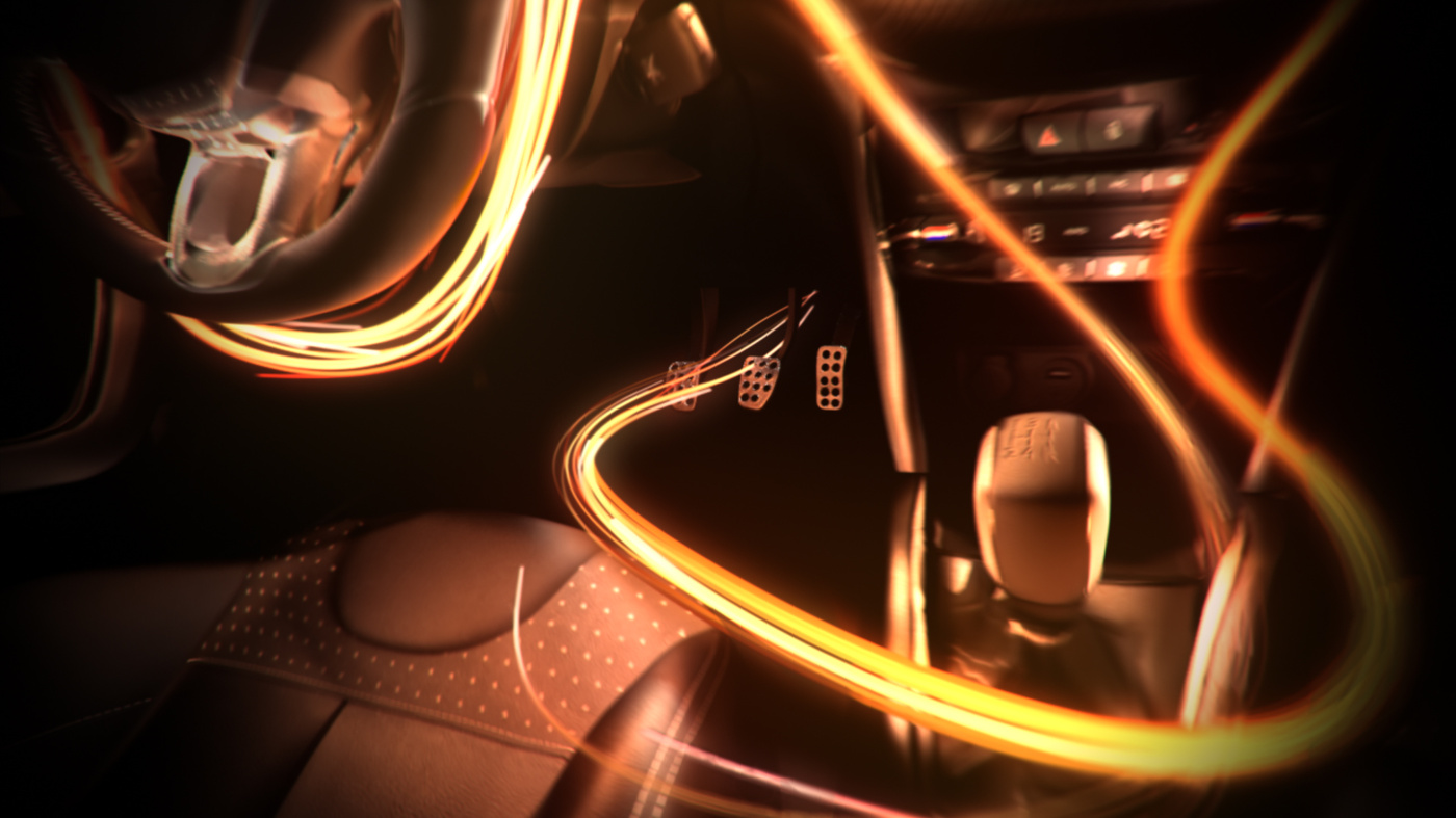 3D luminous particles trails flowing around a Peugeot 208 iCockpit