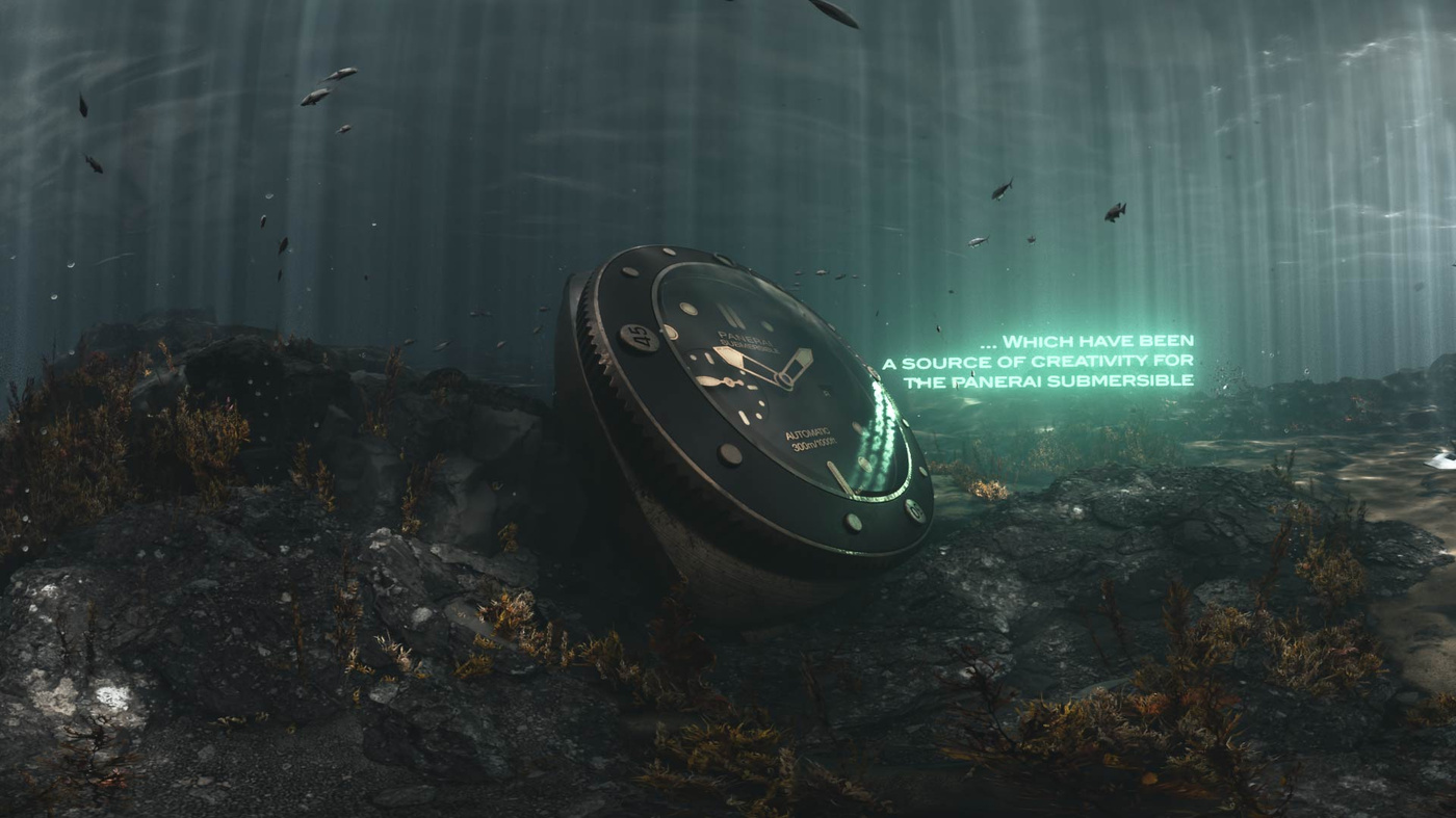 Underwater shot of the Panerai Bronzo incrusted into sea rocks