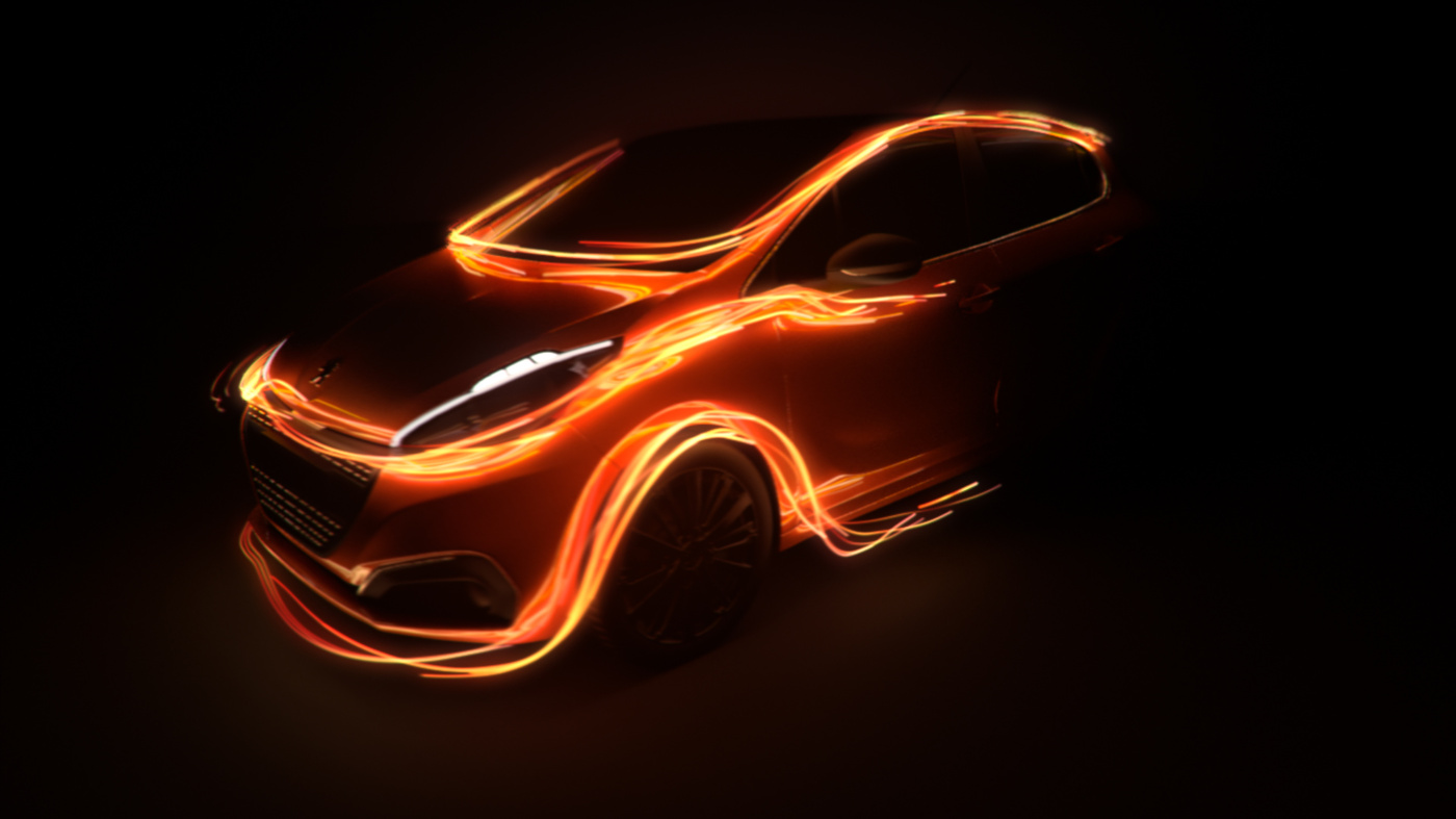 3D luminous particles trails on top of a Peugeot 208