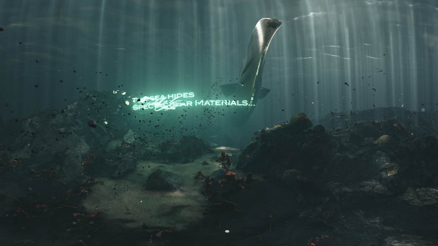 3D render of a submarine passing through underwater corals
