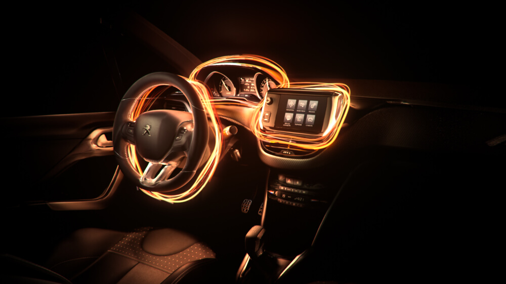 3D luminous particles trails flowing around a Peugeot 208 iCockpit