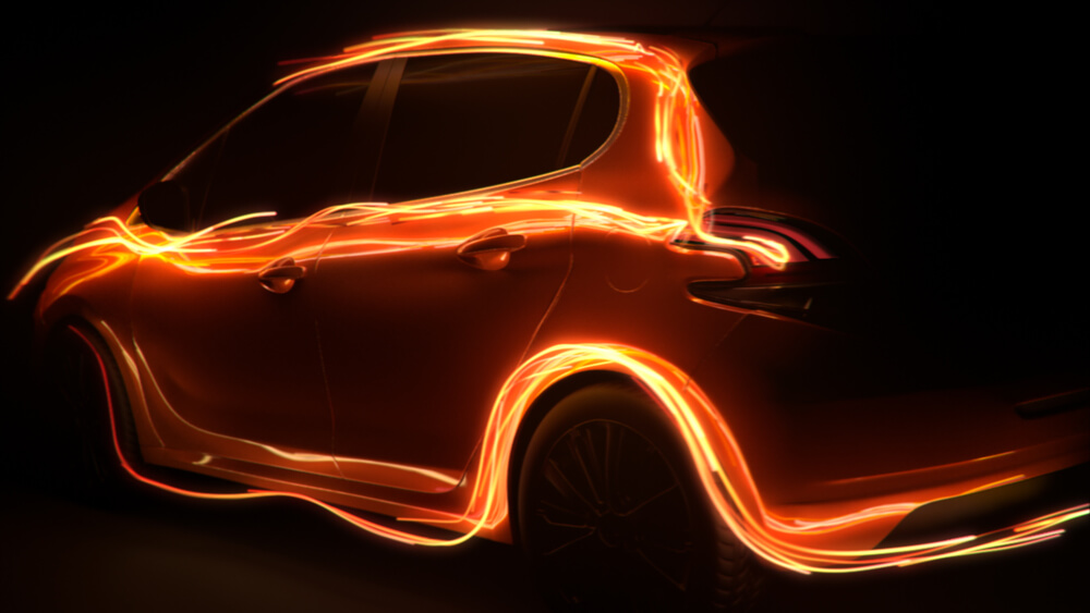 3D luminous particles trails flowing around a Peugeot 208