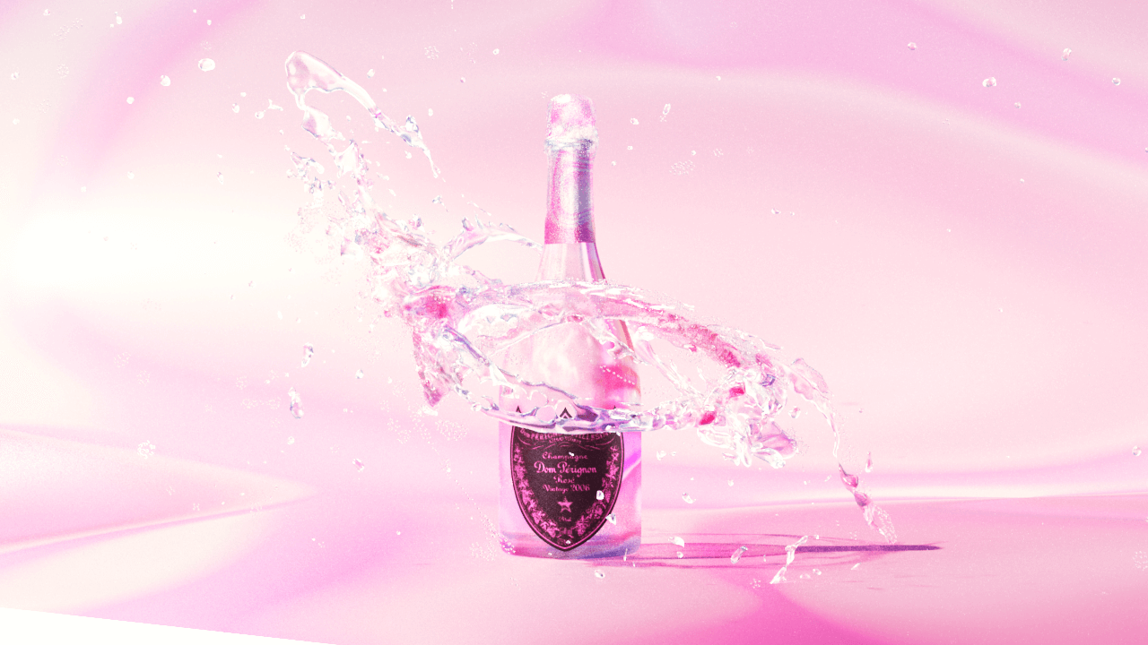 Abstract 3D liquid simulation flowing around a champagne bottle