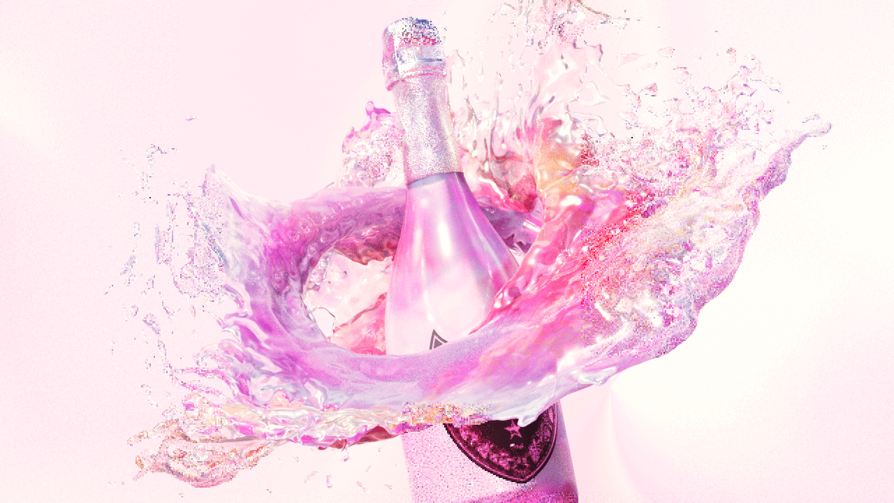 Colorful experiment of abstract 3D fluid simulation flowing around a champagne bottle