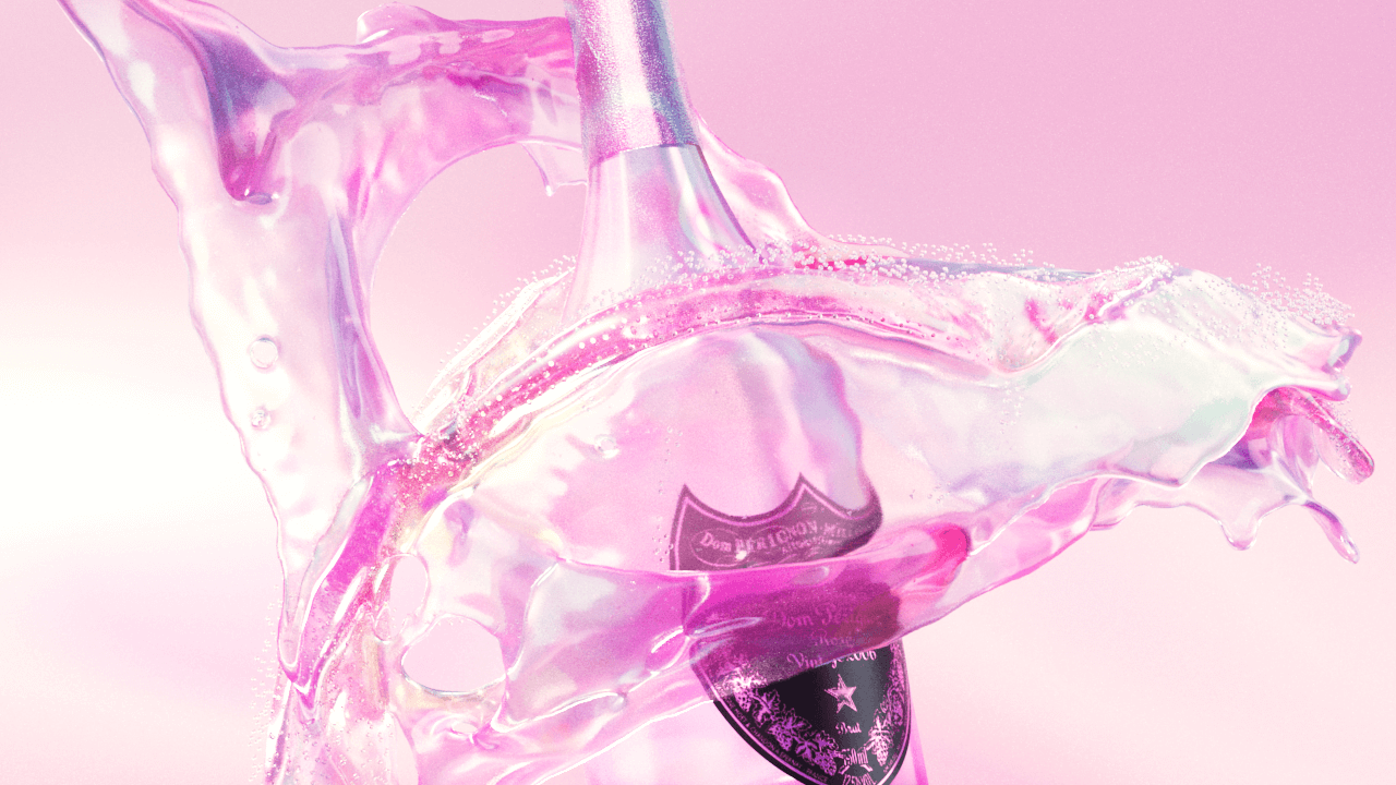 Abstract 3D liquid simulation flowing around a champagne bottle