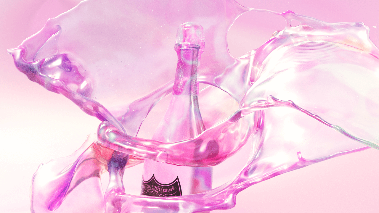 Abstract 3D liquid simulation flowing around a champagne bottle