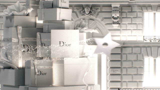 Pile of Dior gift boxes in front of a magical facade in 3D