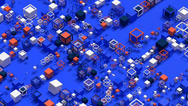 3D representation of a city composed of abstract and colored 3D cubes and grids.