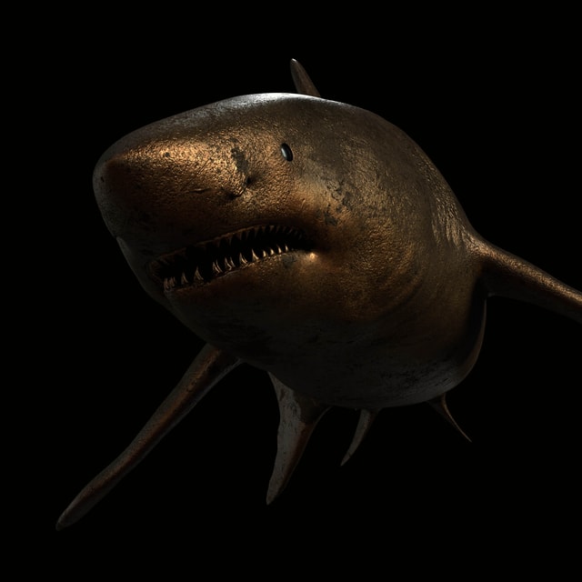 3D render of a shark with a procedural bronzo material