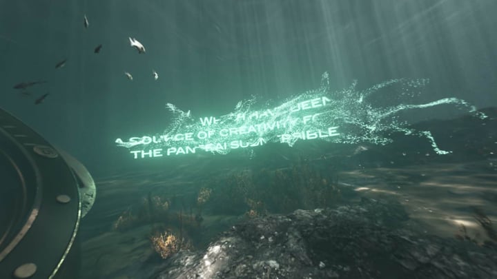 3D text made of luminous particles dissolving underwater