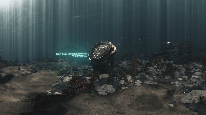 3D visual of a Panerai Bronzo watch posed on the seabed