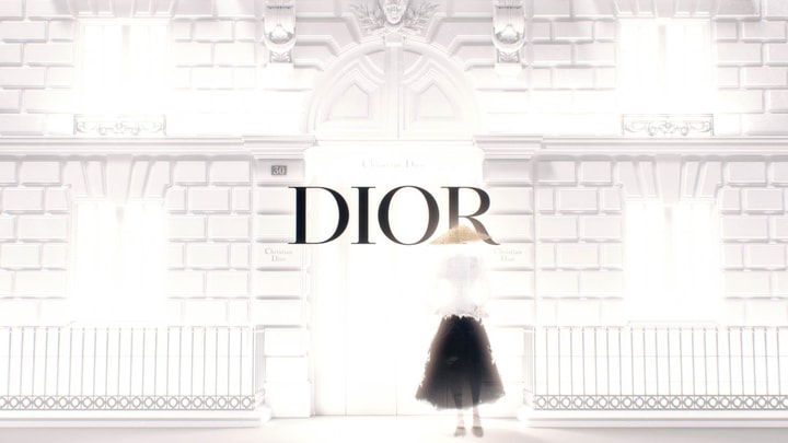 Stylized Fashion woman illustration in front of 3D Dior facade