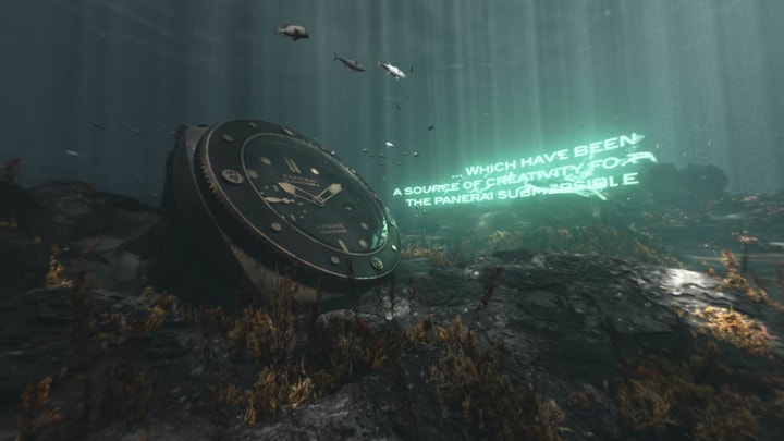 Underwater shot of the Panerai Bronzo incrusted into sea rocks