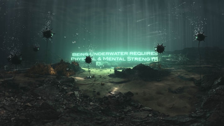 3D rendering of a submarine minefield with a luminescent text