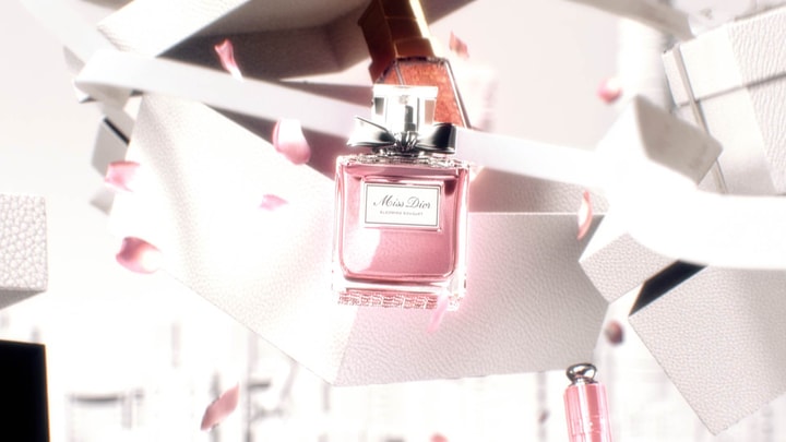 3D render of Miss Dior fragrance bottle in a motion design animation