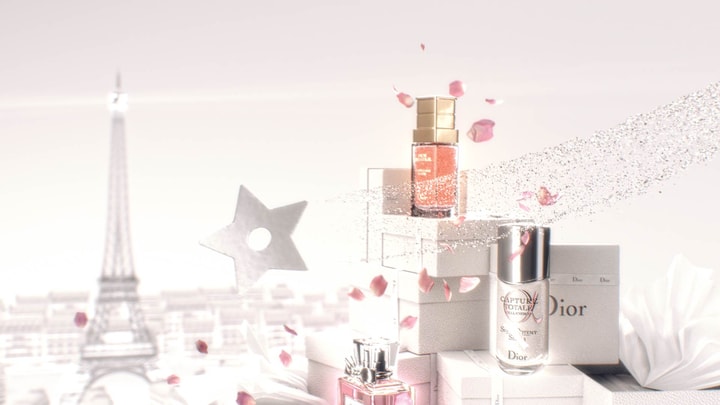 3D Motion Design with Dior products on top of gift boxes with Paris in the background