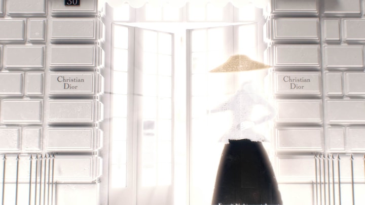 Stylized Fashion woman illustration opening a 3D Dior boutique