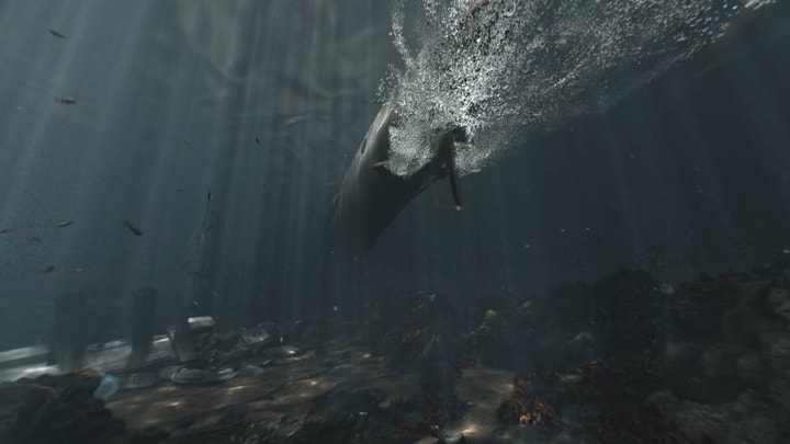 3D render of a submarine underwater with bubble trails simulated with Houdini