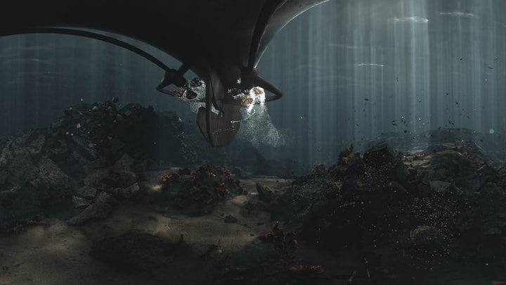 3D render of a submarine underwater with bubble trails simulated with Houdini
