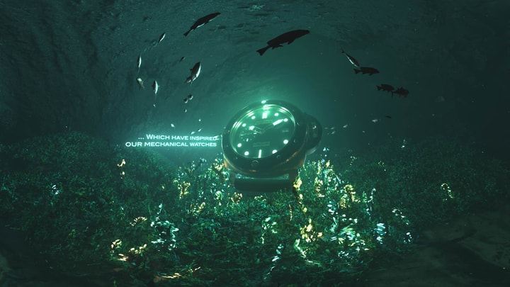 3D render of a luminescent Panerai watch in an underwater cave with glowing plants