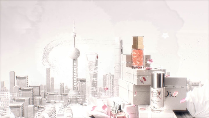 3D Motion Design with Dior products on top of gift boxes with Shangai in the background