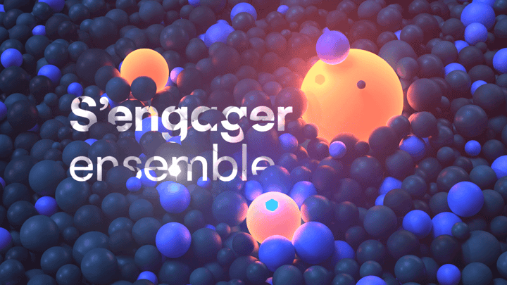 Glowing big 3D spheres emerging from below hundred of small spheres