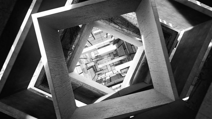 Architectural and abstract tunnel composed of 3D cubes with a strong sunlight