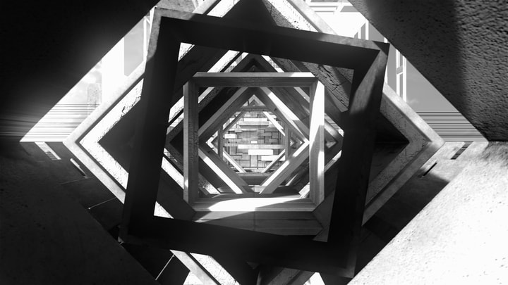 Architectural and abstract tunnel composed of 3D cubes with a strong sunlight