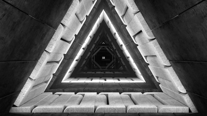 3D Tunnel with a triangle shape made of concrete blocks with neon lighting