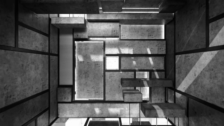 Abstract environment composed of moving concrete cubes of random sizes