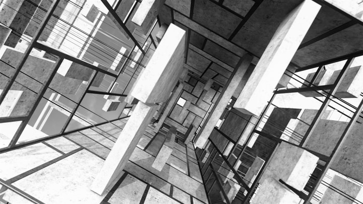 Abstract environment composed of moving concrete cubes of random sizes