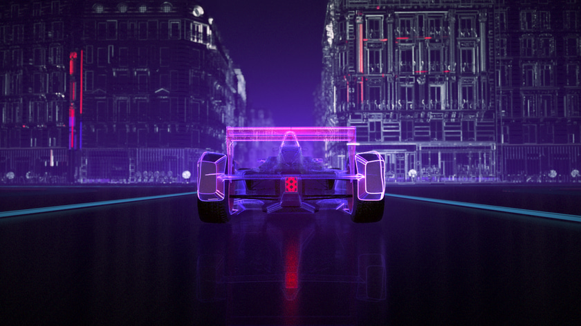 3D stylized Formula E car made in a Sci-fi Paris
