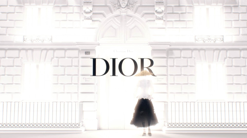 Stylized Fashion woman illustration in front of 3D Dior facade