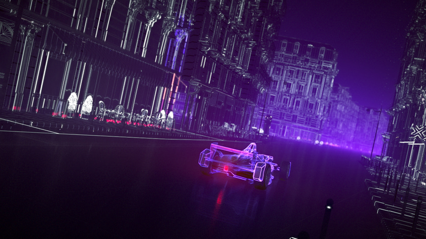 3D stylized Formula E car made in a Sci-fi Paris
