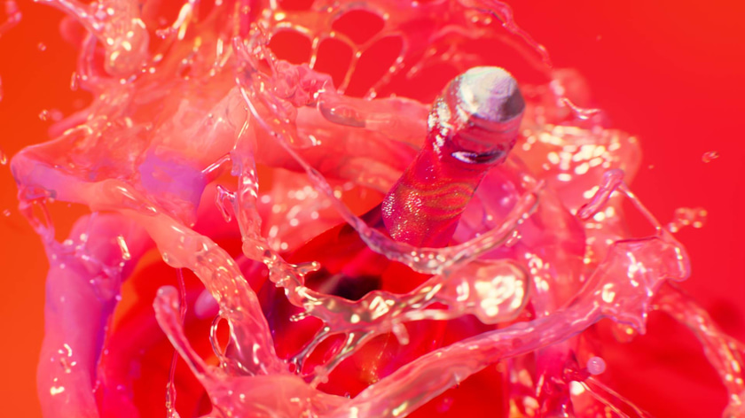 Abstract 3D liquid simulation flowing around a champagne bottle