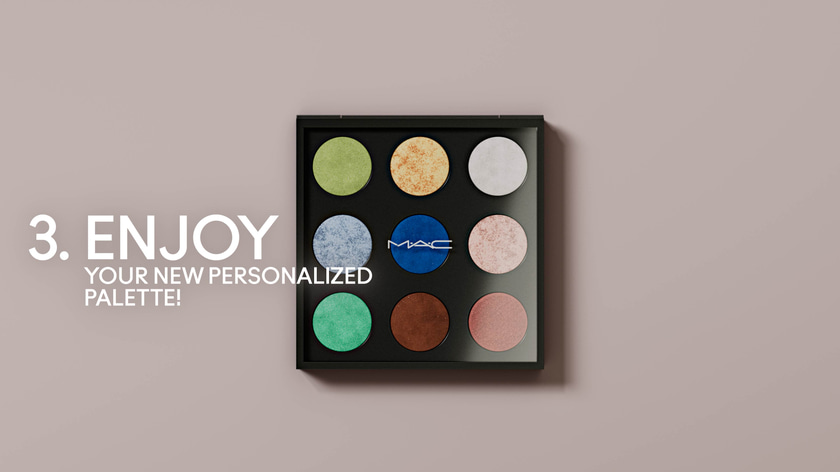 3D render of a MAC palette with colored cosmetic powders