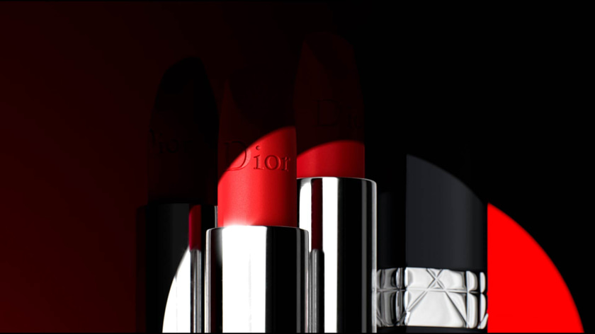 3D render of Dior Rouge Lipsticks under a light projector