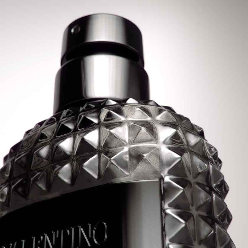 Close up shot of a 3D render of the Valentino Uomo fragrance