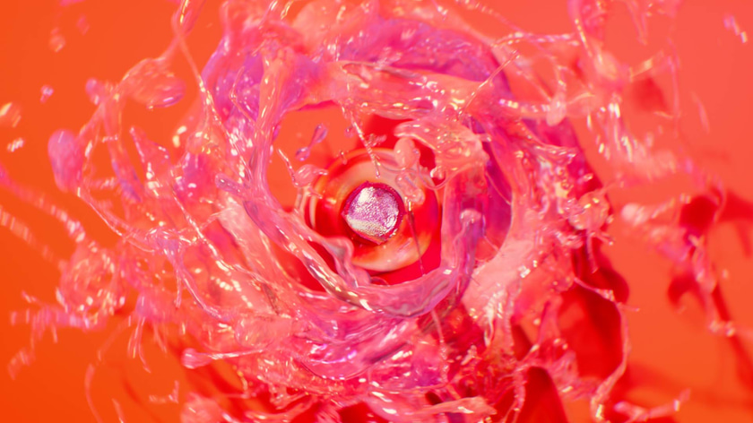 Abstract 3D liquid simulation flowing around a champagne bottle