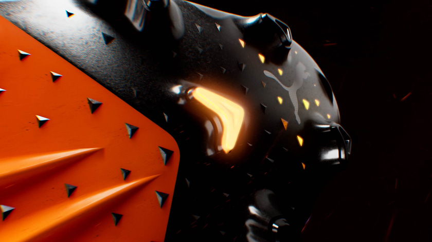 Close-up 3D render of the Puma Ultra shoe with a luminescent crampon