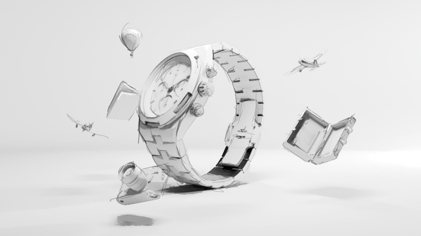 Storyboard illustration of our Vacheron Overseas watch animation