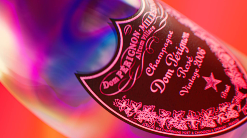 Stylized 3D version of a Dom Perignon Champagne bottle with abstract colors