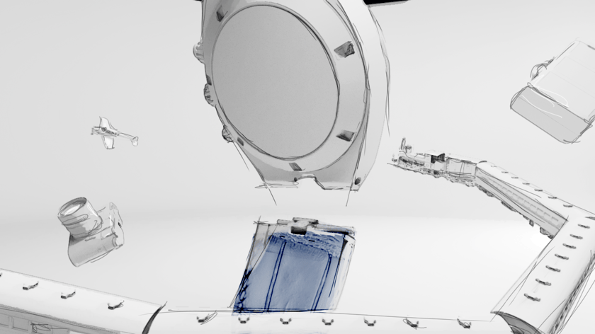 Storyboard illustration of our Vacheron Overseas watch animation
