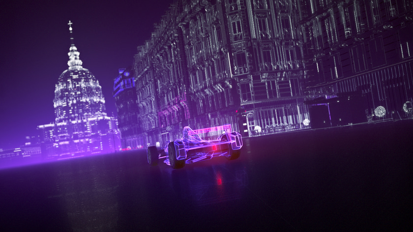 3D stylized Formula E car made in a Sci-fi Paris