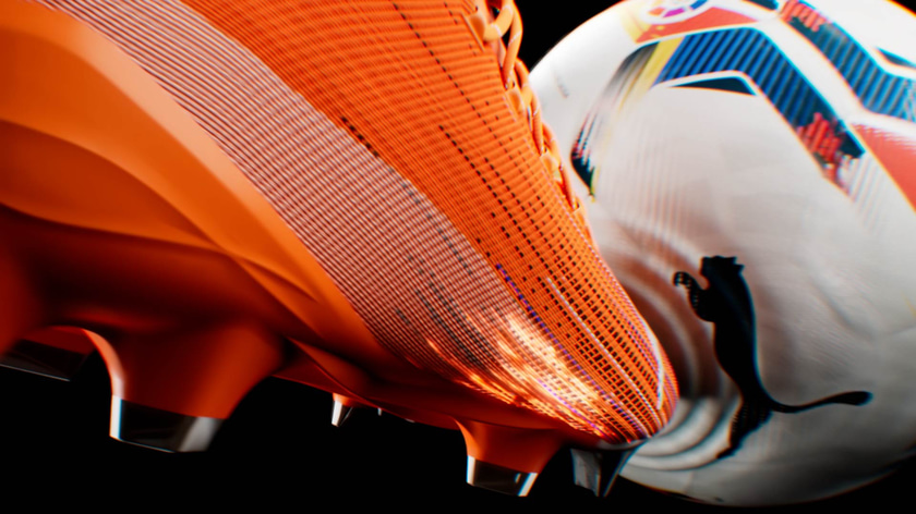 Motion Design animation of luminescent particles flowing around a soccer shoe