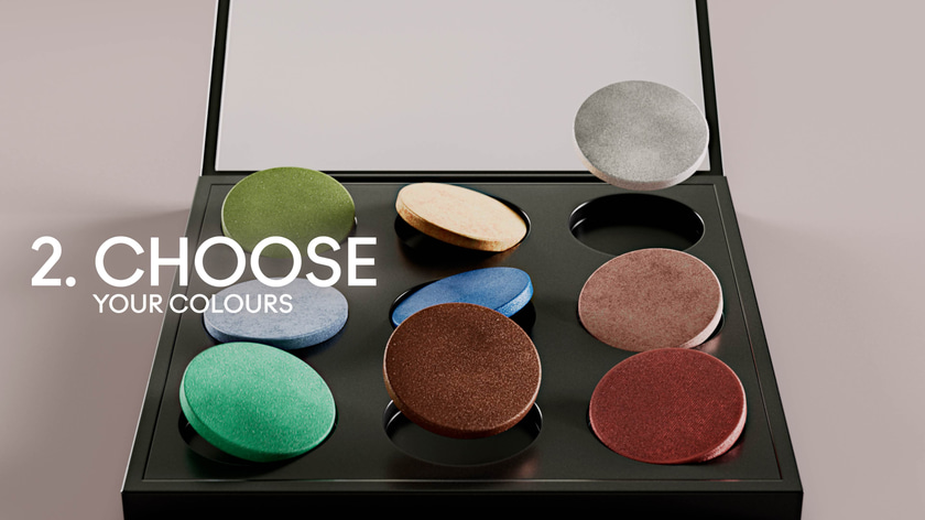 3D animation of colored cosmetic powders falling in a MAC palette 